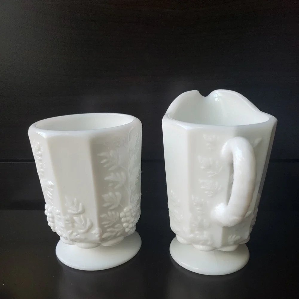 Westmoreland Milk Glass Paneled Grape Creamer and Sugar Bowl Set‎ White Vintage